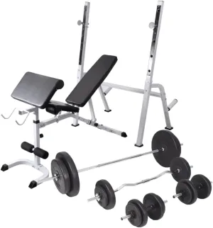 vidaXL Adjustable Steel Workout Bench with Weight Rack and 198.4lb Barbell and Dumbbell Set - Full Body Exercise at Home - Multi-Use Fitness Equipment