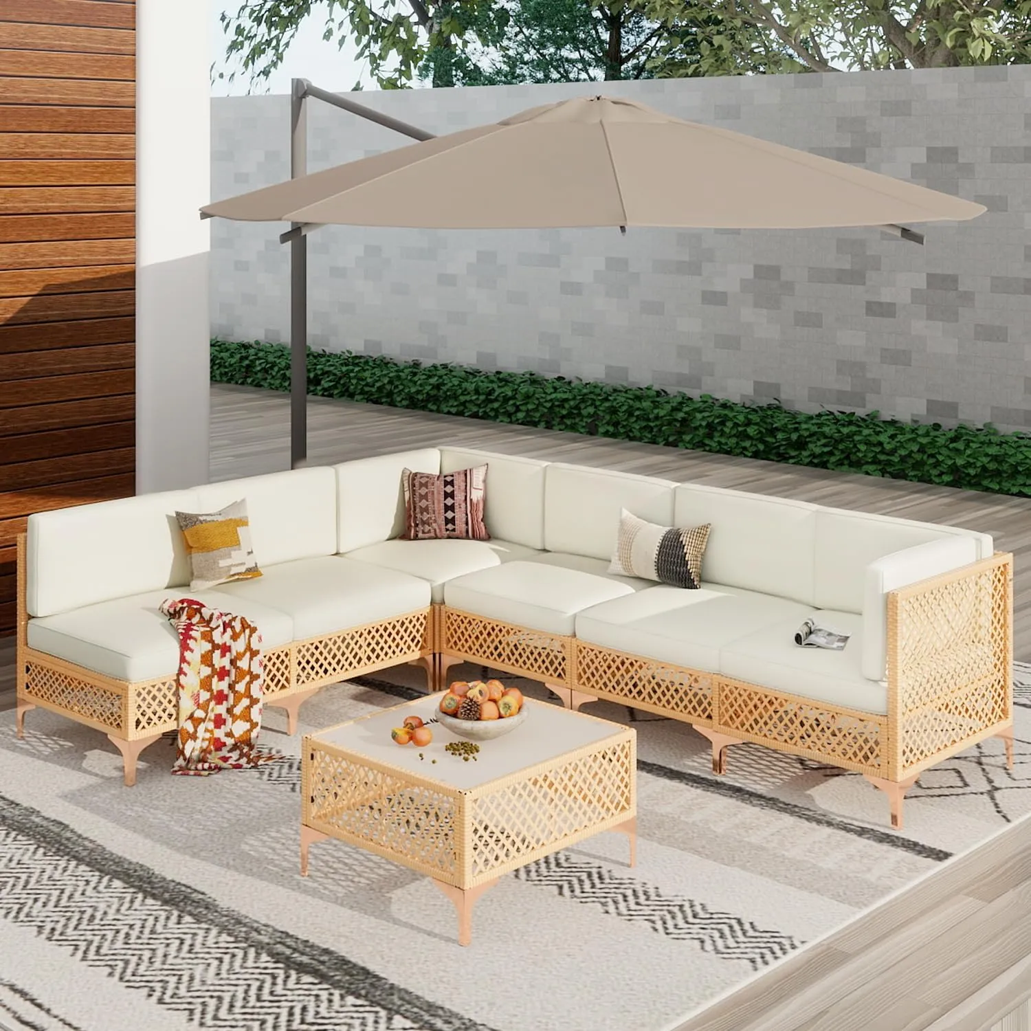 Vikiullf Outdoor Patio Furniture Set, PE Rattan Wicker Patio Conversation Sets, All Weather Sectional Sofa for Garden, Poolside, Backyard (7 Pieces Sectional)