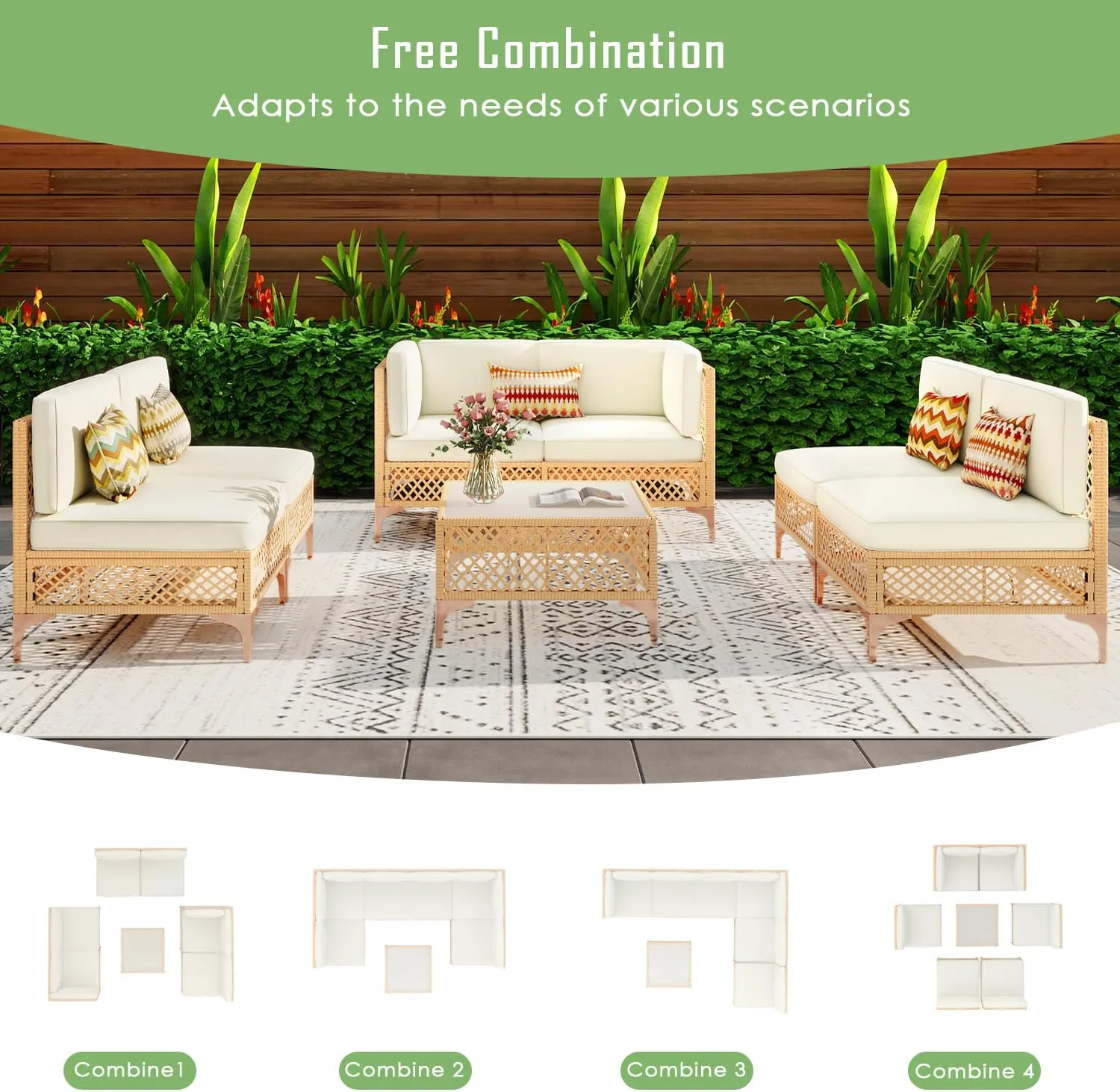 Vikiullf Outdoor Patio Furniture Set, PE Rattan Wicker Patio Conversation Sets, All Weather Sectional Sofa for Garden, Poolside, Backyard (7 Pieces Sectional)