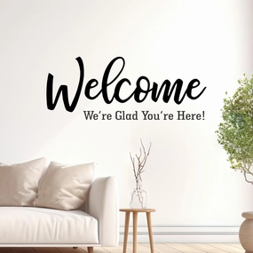 Vinyl Wall Art Lettering Decal - Welcome We're Glad You're Here - Text Letter Decals Sticker for Church Worship, Shop, Company, Office, Restaurant, Storefront & More. (28x11 inches, White)