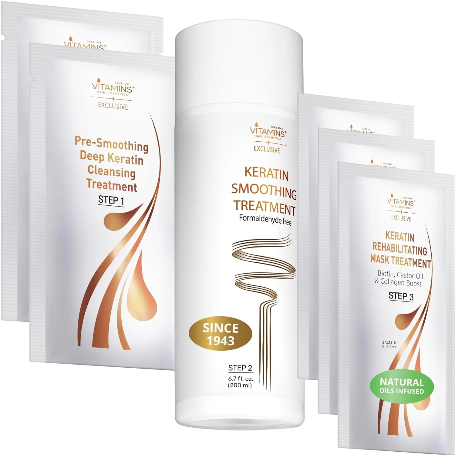 VITAMINS hair cosmetics Keratin Hair Treatment Straightening Kit - Hair Straightener Smoothing Set - Formaldehyde Free Product Complex - Tratamiento de Keratina para Alisar el Cabello sin Formol