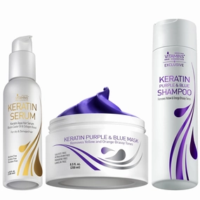 Vitamins Keratin Hair Serum, Blue Hair Mask, and Anti-Brass Deep Conditioner Kit - Gloss Boost for Bleached, Blonde, Platinum, Silver, Gray, Dry, Damaged Hair