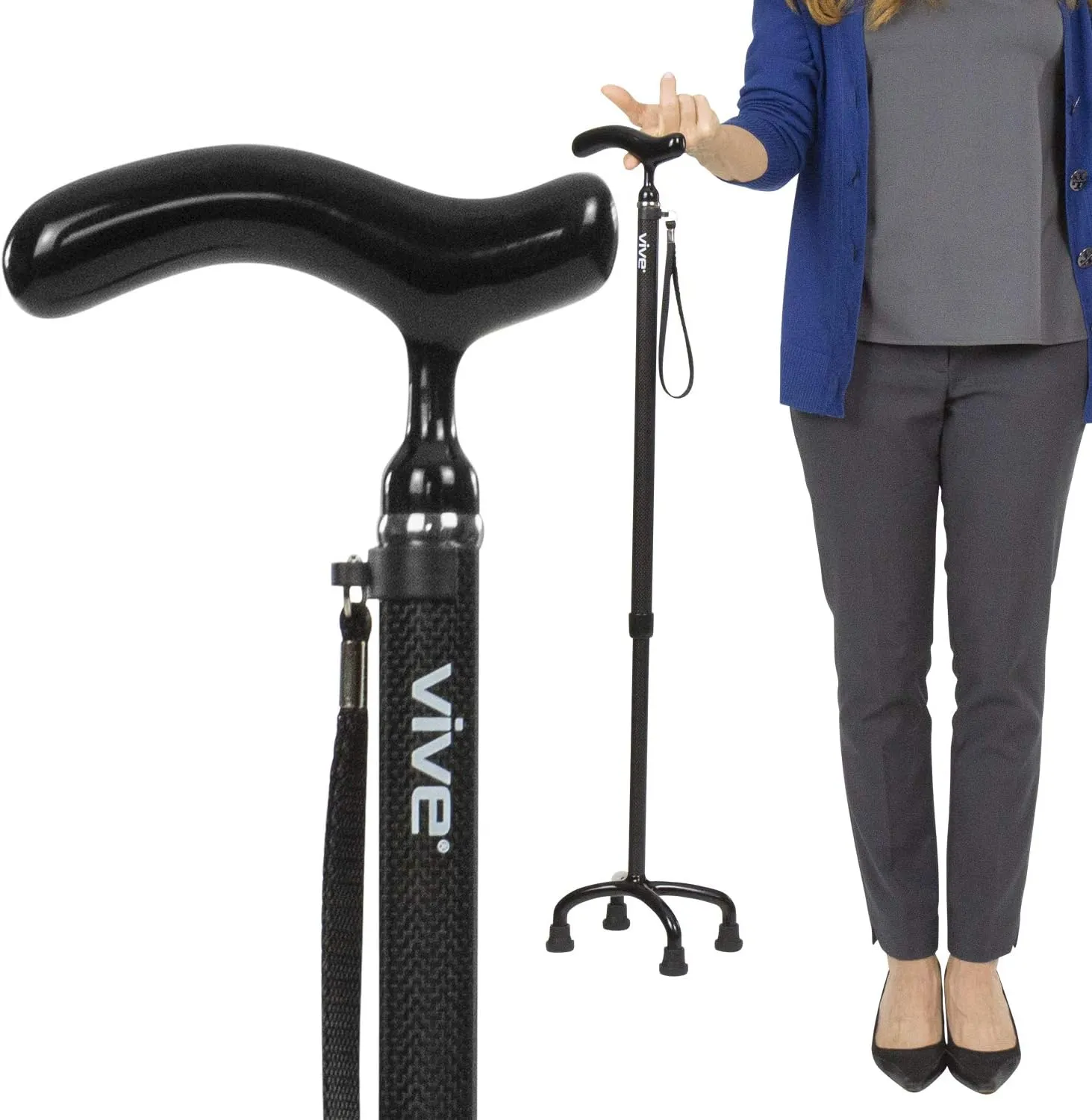 Vive Ultra-Lightweight Quad Cane - Carbon Fiber Walking Stick for Men & Women - Adjustable Ergonomic Grip Handle - Nonslip 4 Prong Rubber Tips for Right, Left Stability Support - Mobility Travel Aid