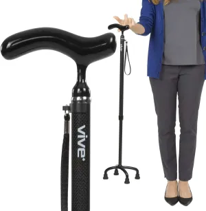 Vive Ultra-Lightweight Quad Cane - Carbon Fiber Walking Stick for Men & Women - Adjustable Ergonomic Grip Handle - Nonslip 4 Prong Rubber Tips for Right, Left Stability Support - Mobility Travel Aid