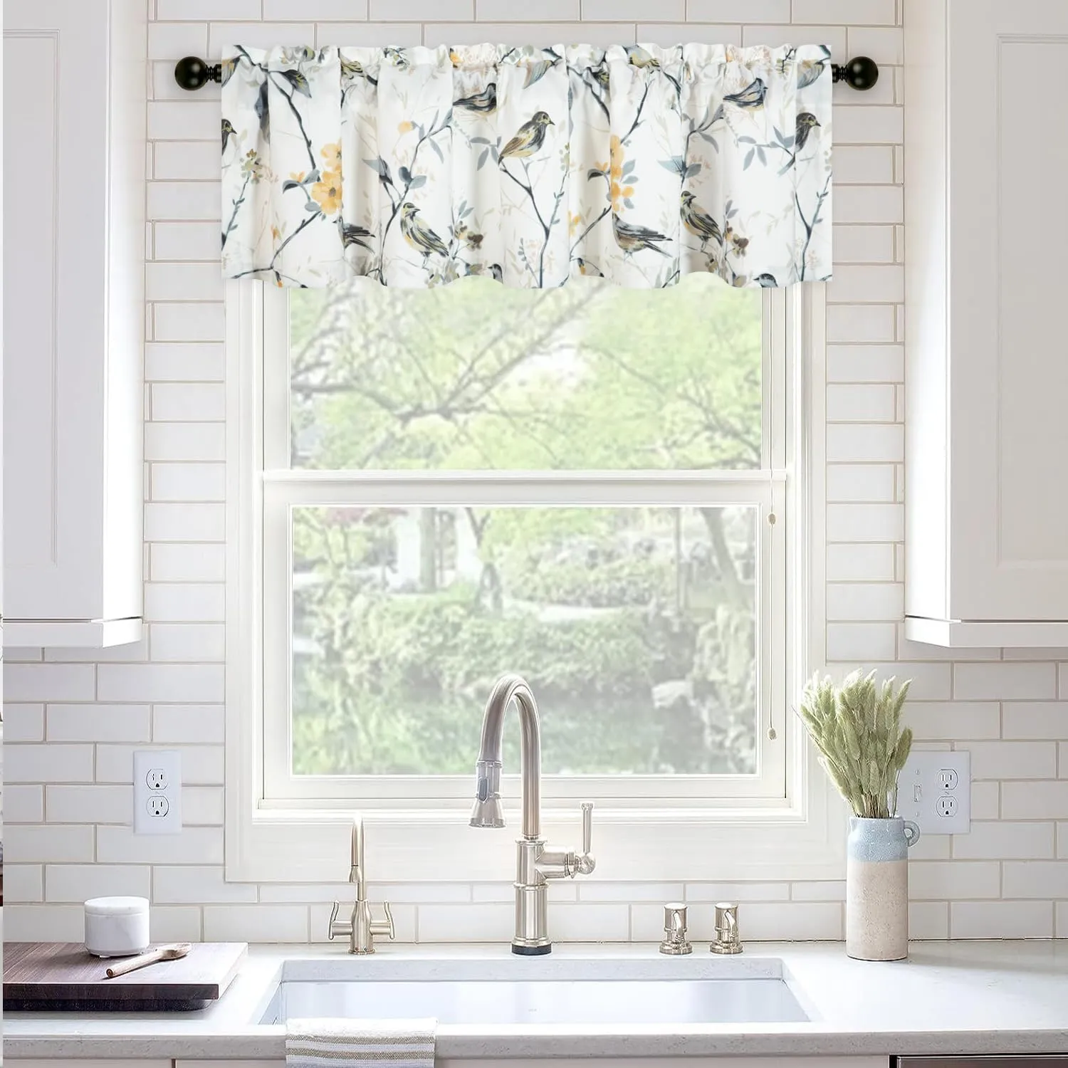 VOGOL Birds Printed Valance Curtains, Country Style Linen Textured Thick Drapes for Dining Room, Easy Care Rod Pocket Window Panels for Bathroom, 52 x 12, 1 Pack