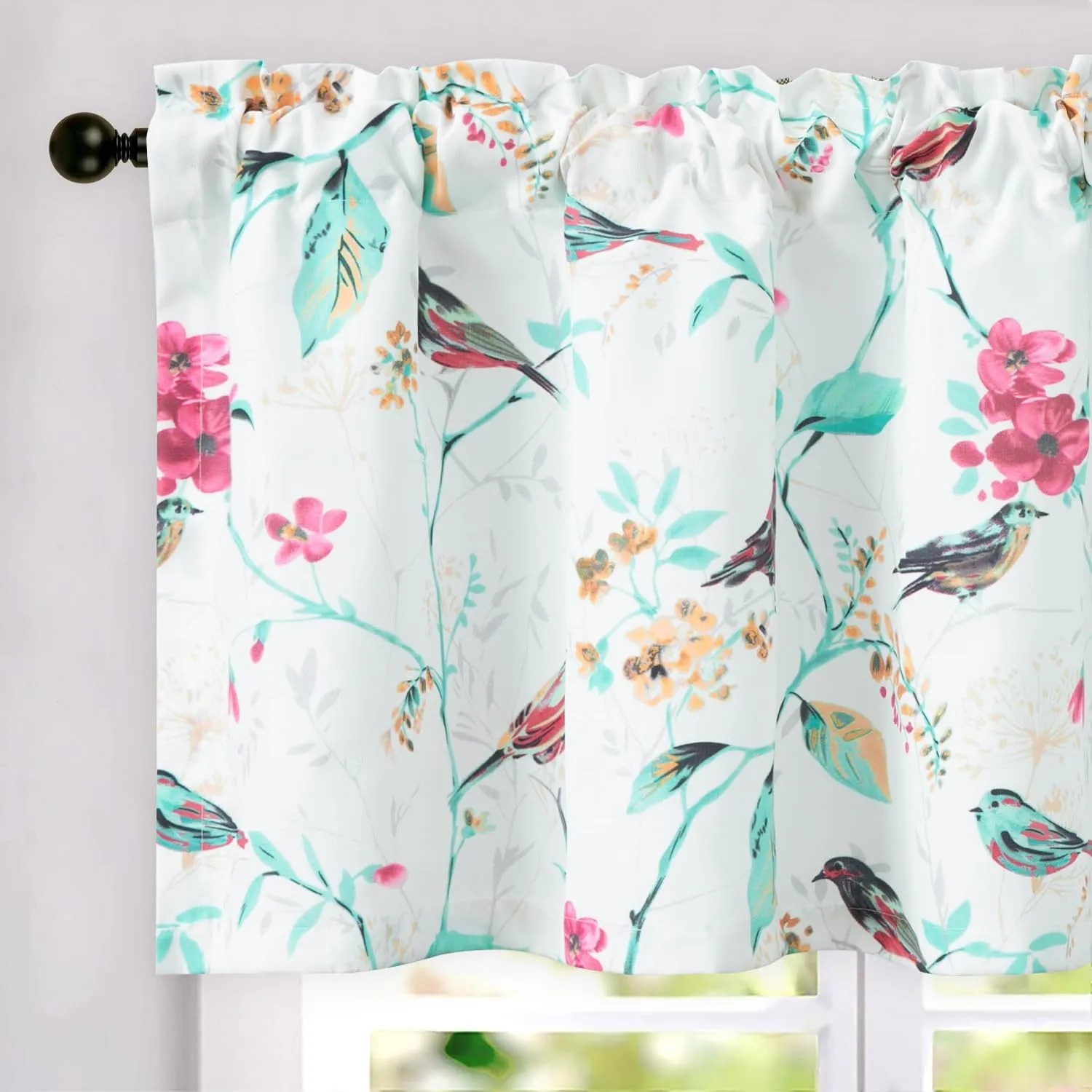 VOGOL Cyan Leaves Print Curtains Valances, Birds Pattern Linen Textured Valance for Cafe Office, Rod Pocket Window Treatments for Kitchen, 52 x 18 Inches, 1 Panel