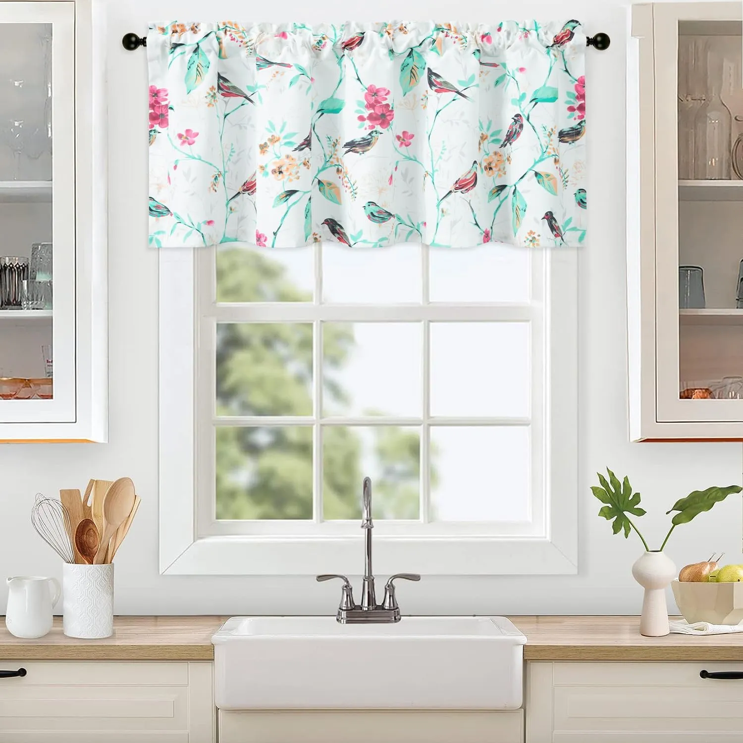 VOGOL Cyan Leaves Print Curtains Valances, Birds Pattern Linen Textured Valance for Cafe Office, Rod Pocket Window Treatments for Kitchen, 52 x 18 Inches, 1 Panel