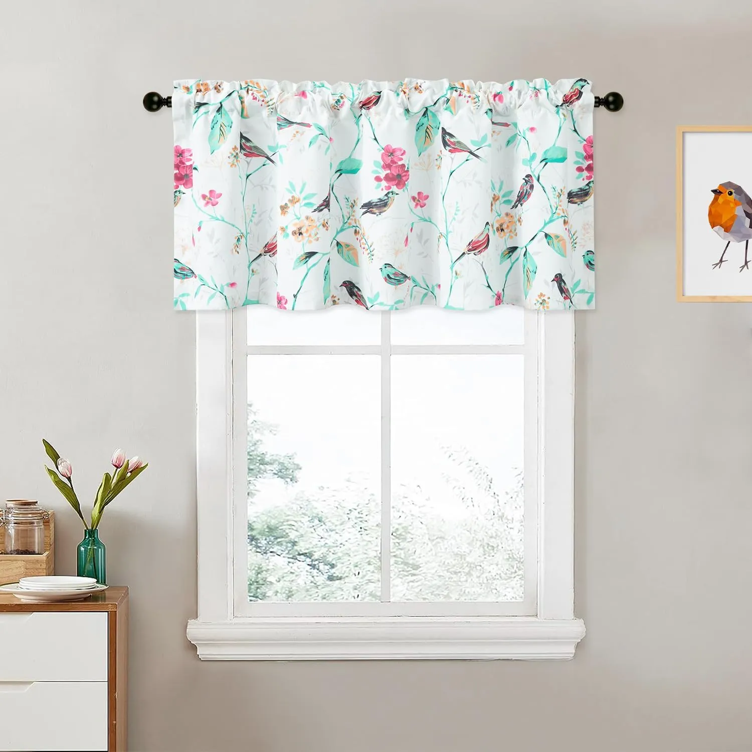 VOGOL Cyan Leaves Print Curtains Valances, Birds Pattern Linen Textured Valance for Cafe Office, Rod Pocket Window Treatments for Kitchen, 52 x 18 Inches, 1 Panel