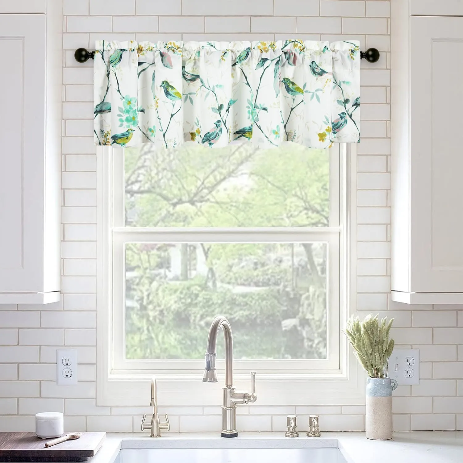VOGOL Green Birds Printed Farmhouse Valance, Linen Textured View Reducing Privacy Curtains Valance for Kitchen Window, Country Style Rod Pocket Drapery, 52 x 12, 1 Panel