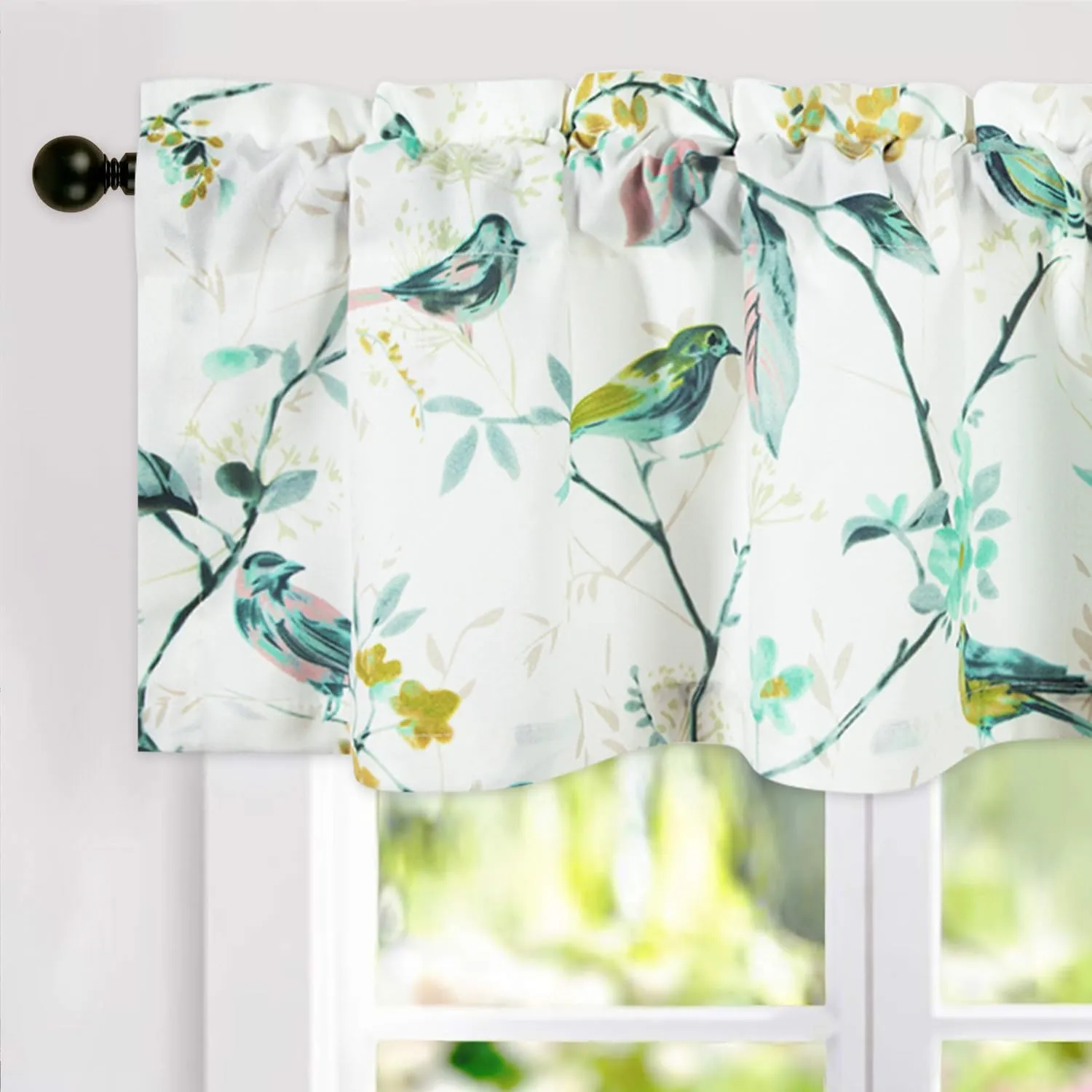 VOGOL Green Birds Printed Farmhouse Valance, Linen Textured View Reducing Privacy Curtains Valance for Kitchen Window, Country Style Rod Pocket Drapery, 52 x 12, 1 Panel