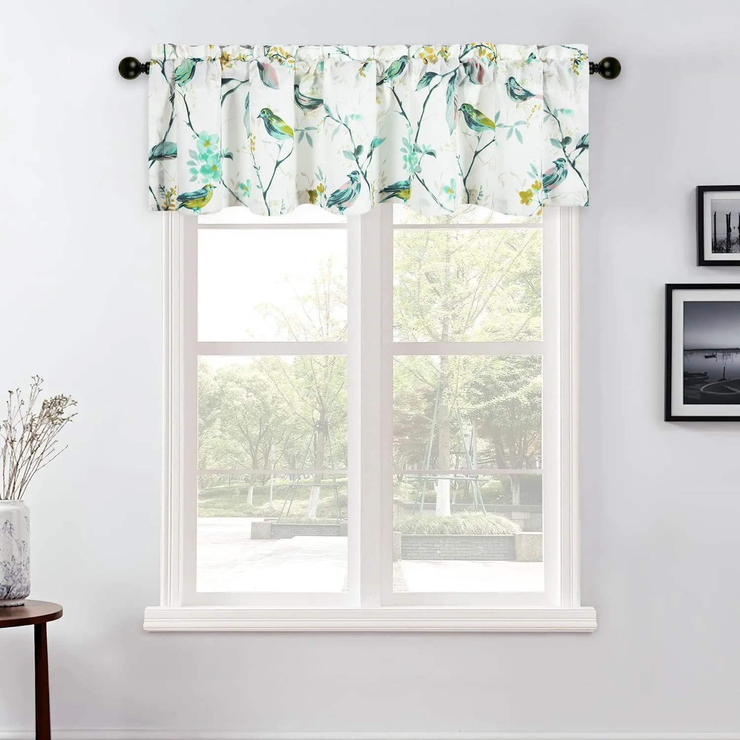 VOGOL Green Birds Printed Farmhouse Valance, Linen Textured View Reducing Privacy Curtains Valance for Kitchen Window, Country Style Rod Pocket Drapery, 52 x 12, 1 Panel
