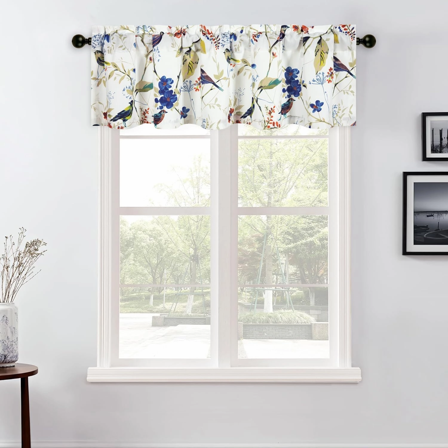 VOGOL Faux Linen Birds Pattern Valance, 1 Panel Blue Bird Print Light Filtering Privacy Window Treatment, 52 x 12 Inch Country Style Window Topper for Farmhouse, Blue