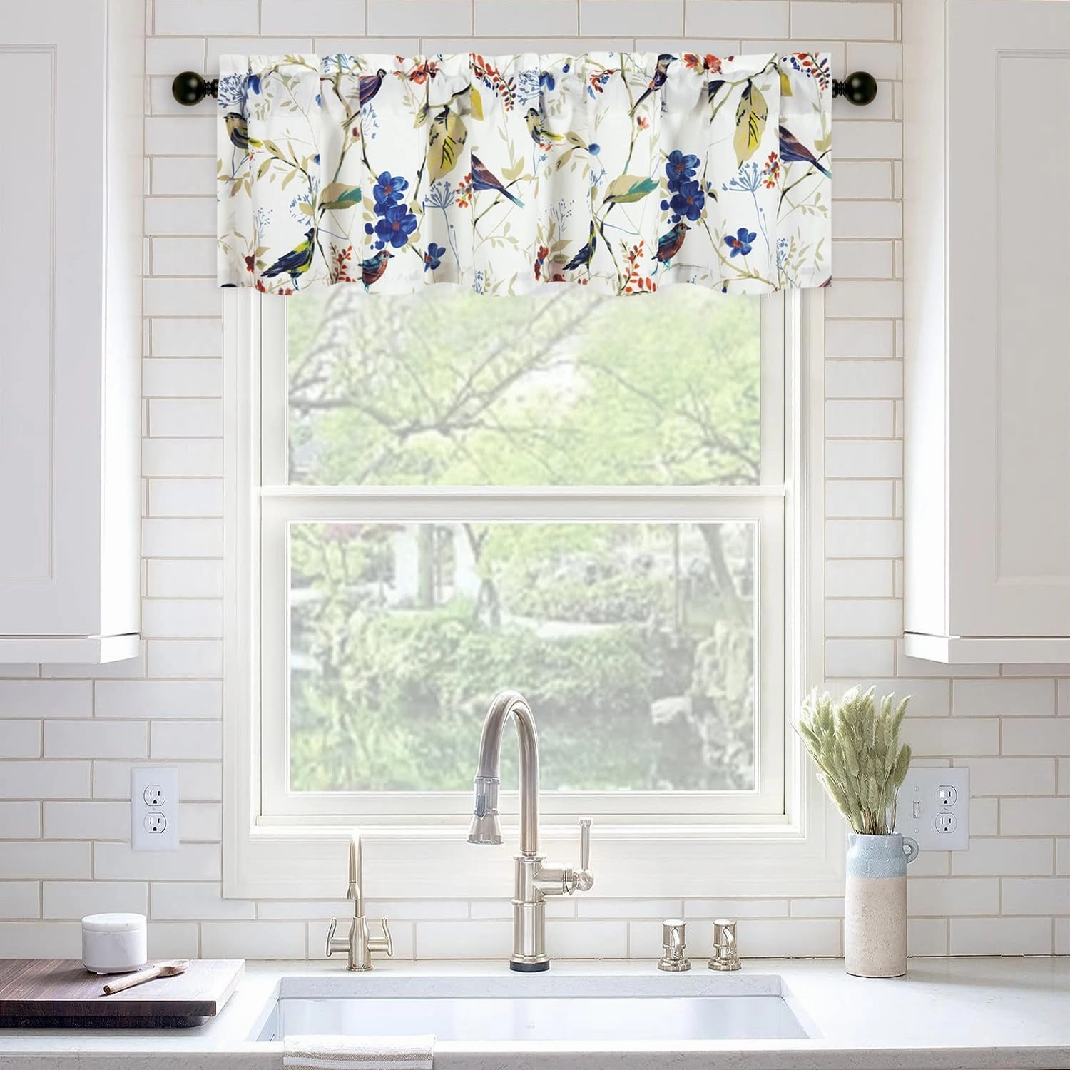 VOGOL Faux Linen Birds Pattern Valance, 1 Panel Blue Bird Print Light Filtering Privacy Window Treatment, 52 x 12 Inch Country Style Window Topper for Farmhouse, Blue