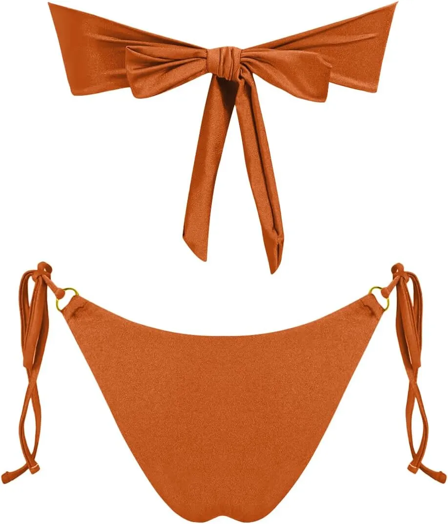 VOLAFA Women's Triangle Bikini Sets Bandeau O Ring Strapless Side Tie Thong Swimsuit Two Piece Bathing Suit