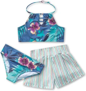 Volcom Girls' Swimsuit Set - 3 Piece UPF50  High Neck Bikini Top, Bikini Bottom and Matching Swim Shorts for Girls (2T-16)