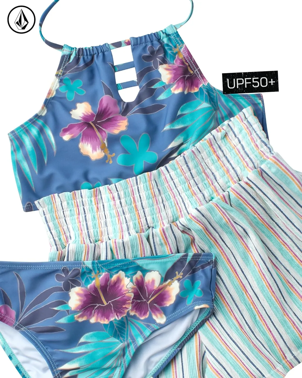 Volcom Girls' Swimsuit Set - 3 Piece UPF50  High Neck Bikini Top, Bikini Bottom and Matching Swim Shorts for Girls (2T-16)