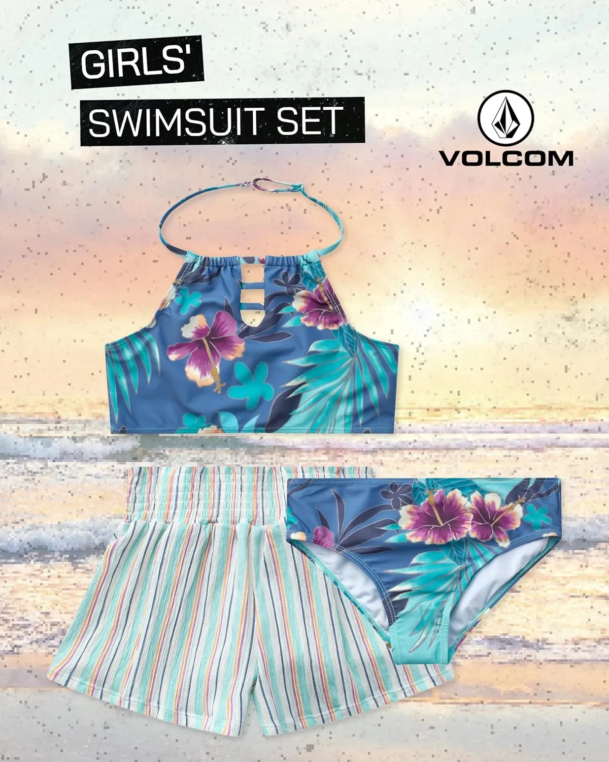 Volcom Girls' Swimsuit Set - 3 Piece UPF50  High Neck Bikini Top, Bikini Bottom and Matching Swim Shorts for Girls (2T-16)