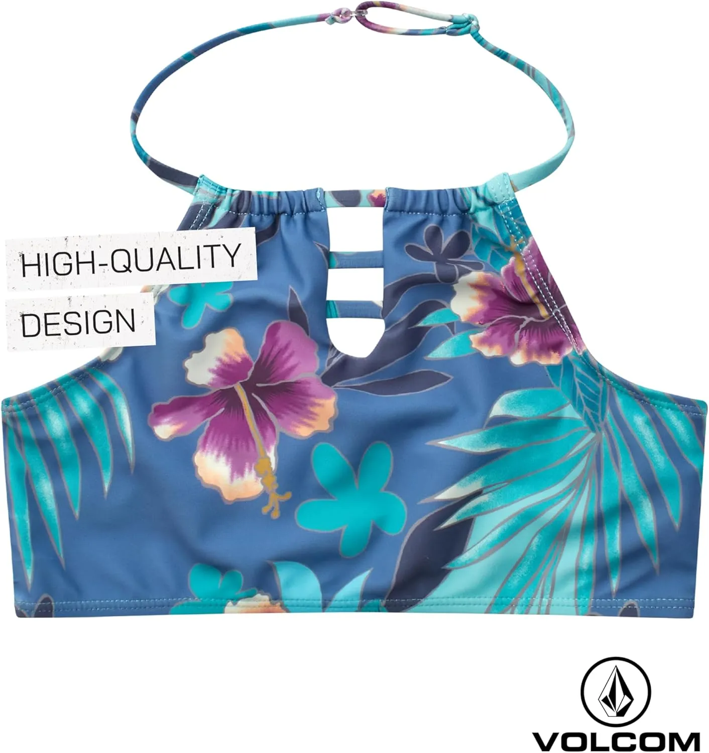 Volcom Girls' Swimsuit Set - 3 Piece UPF50  High Neck Bikini Top, Bikini Bottom and Matching Swim Shorts for Girls (2T-16)