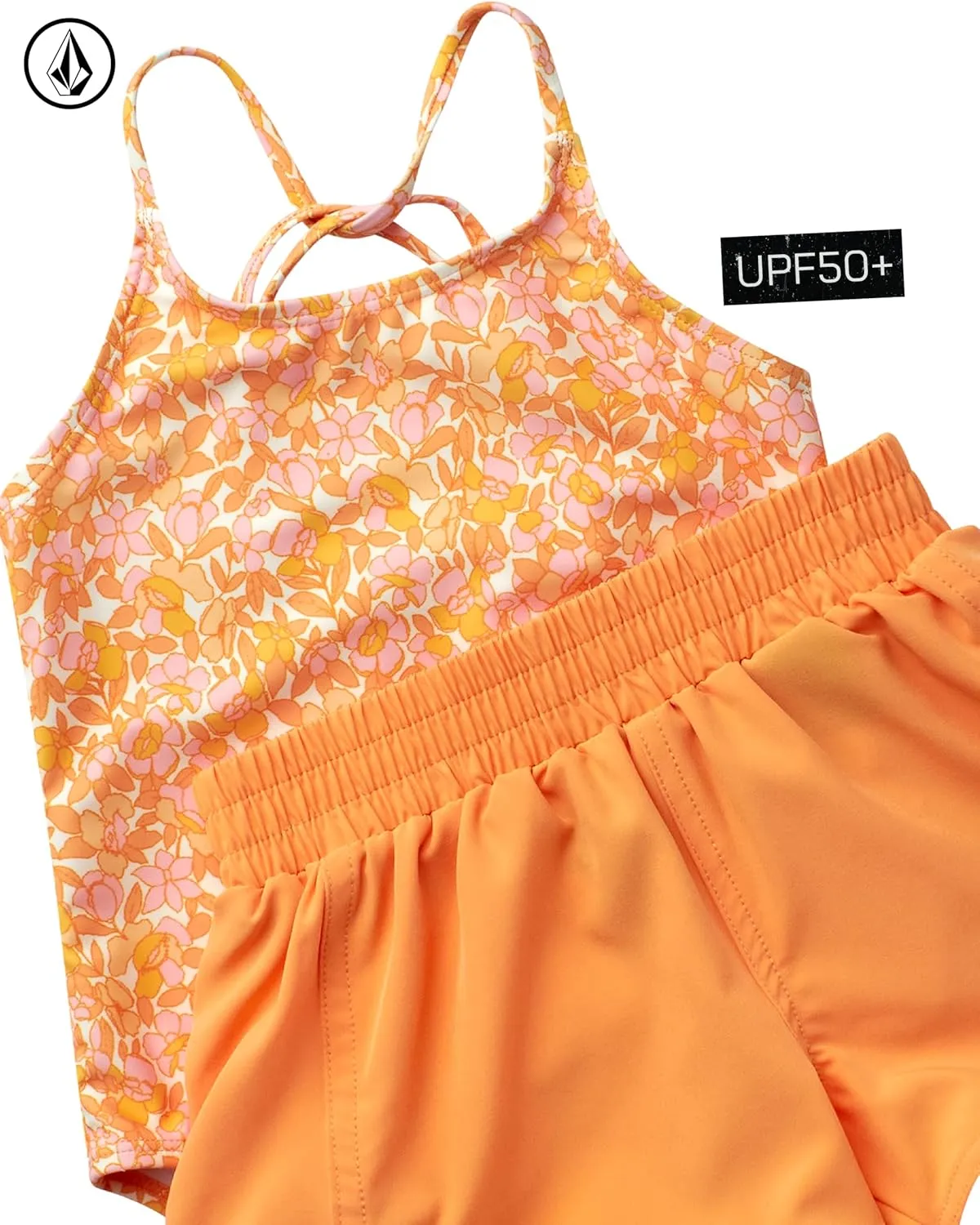 Volcom Girls' Swimsuit Set - UPF50  Quick-Dry Girls One Piece Swimsuits with Matching Swim Shorts for Swimming (Sizes: 2T-16)