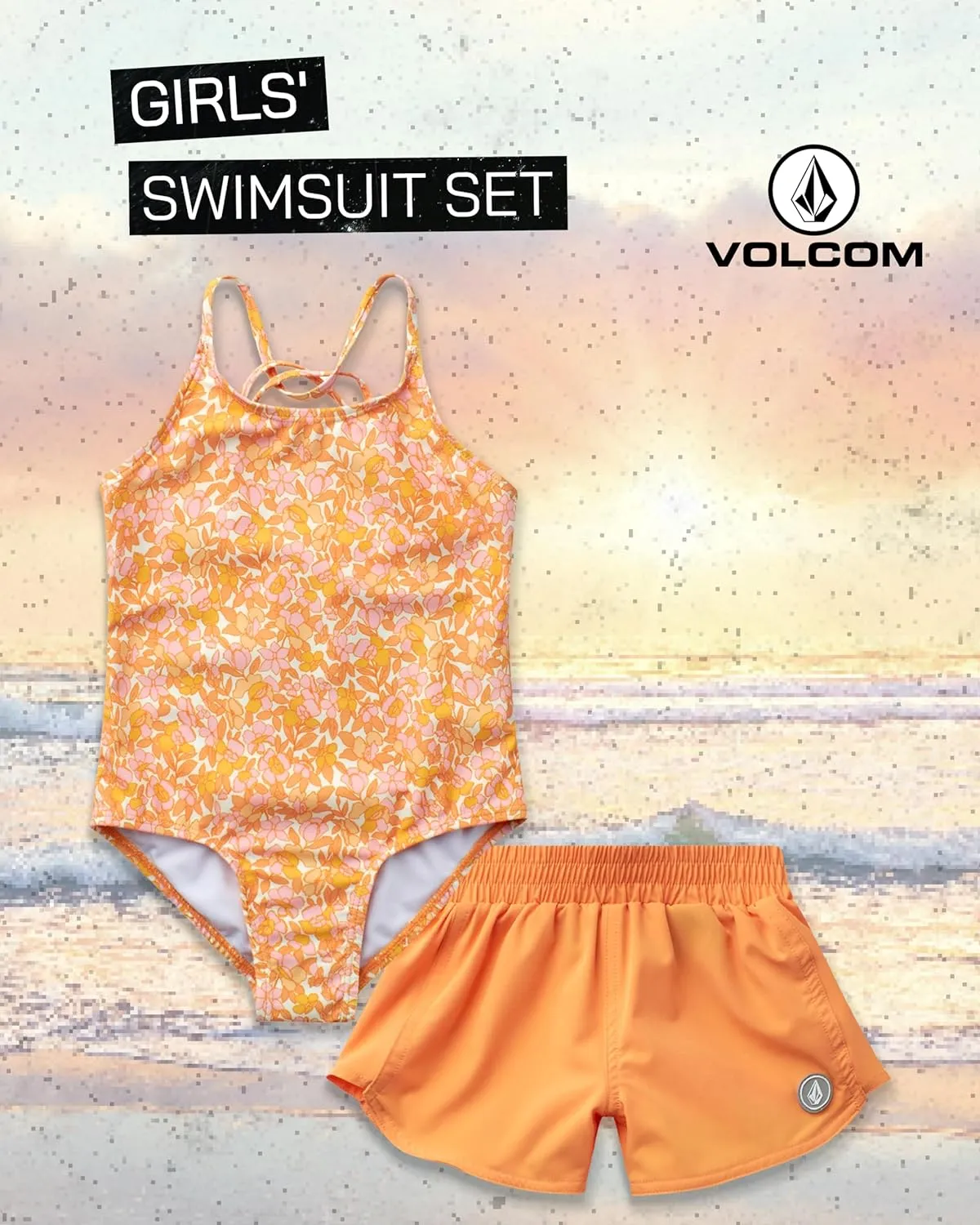 Volcom Girls' Swimsuit Set - UPF50  Quick-Dry Girls One Piece Swimsuits with Matching Swim Shorts for Swimming (Sizes: 2T-16)