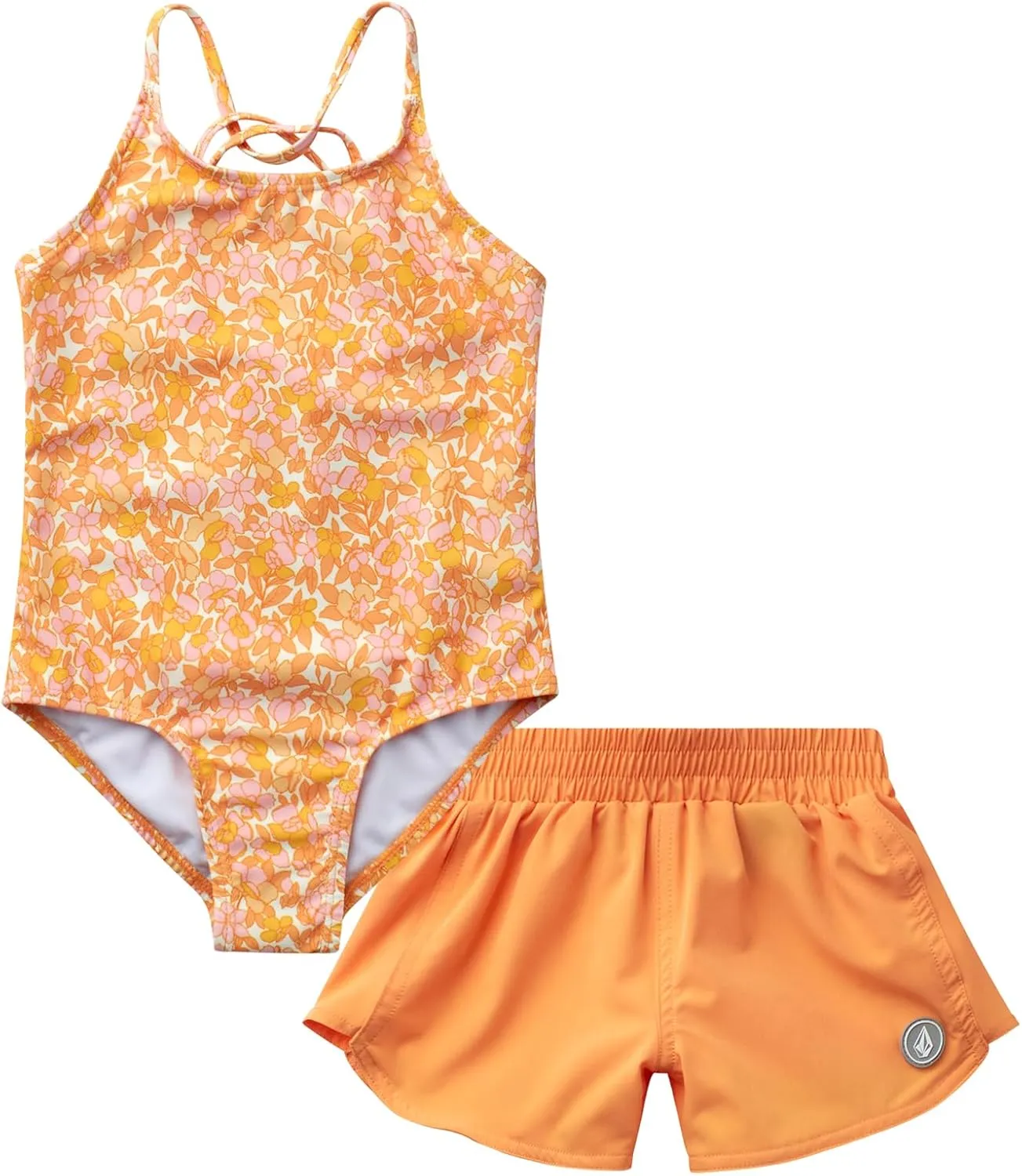 Volcom Girls' Swimsuit Set - UPF50  Quick-Dry Girls One Piece Swimsuits with Matching Swim Shorts for Swimming (Sizes: 2T-16)