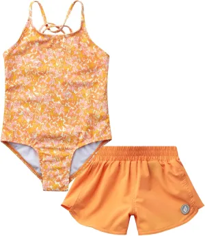 Volcom Girls' Swimsuit Set - UPF50  Quick-Dry Girls One Piece Swimsuits with Matching Swim Shorts for Swimming (Sizes: 2T-16)