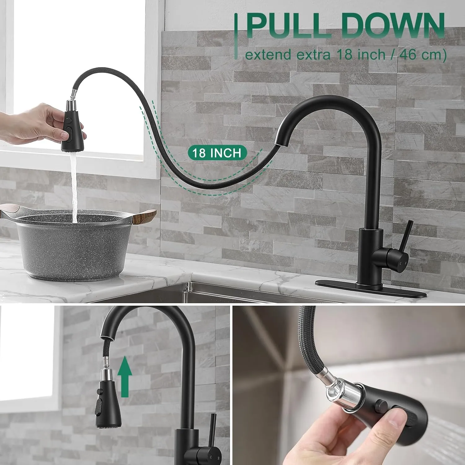 VOTON Black Kitchen Faucets, Pull Down Kitchen Faucet with Sprayer, Modern Single Handle High Arc Pull Out Kitchen Sink Faucet 1 or 3 Hole, Faucet for Farmhouse Camper Rv Kitchen Bar Laundry
