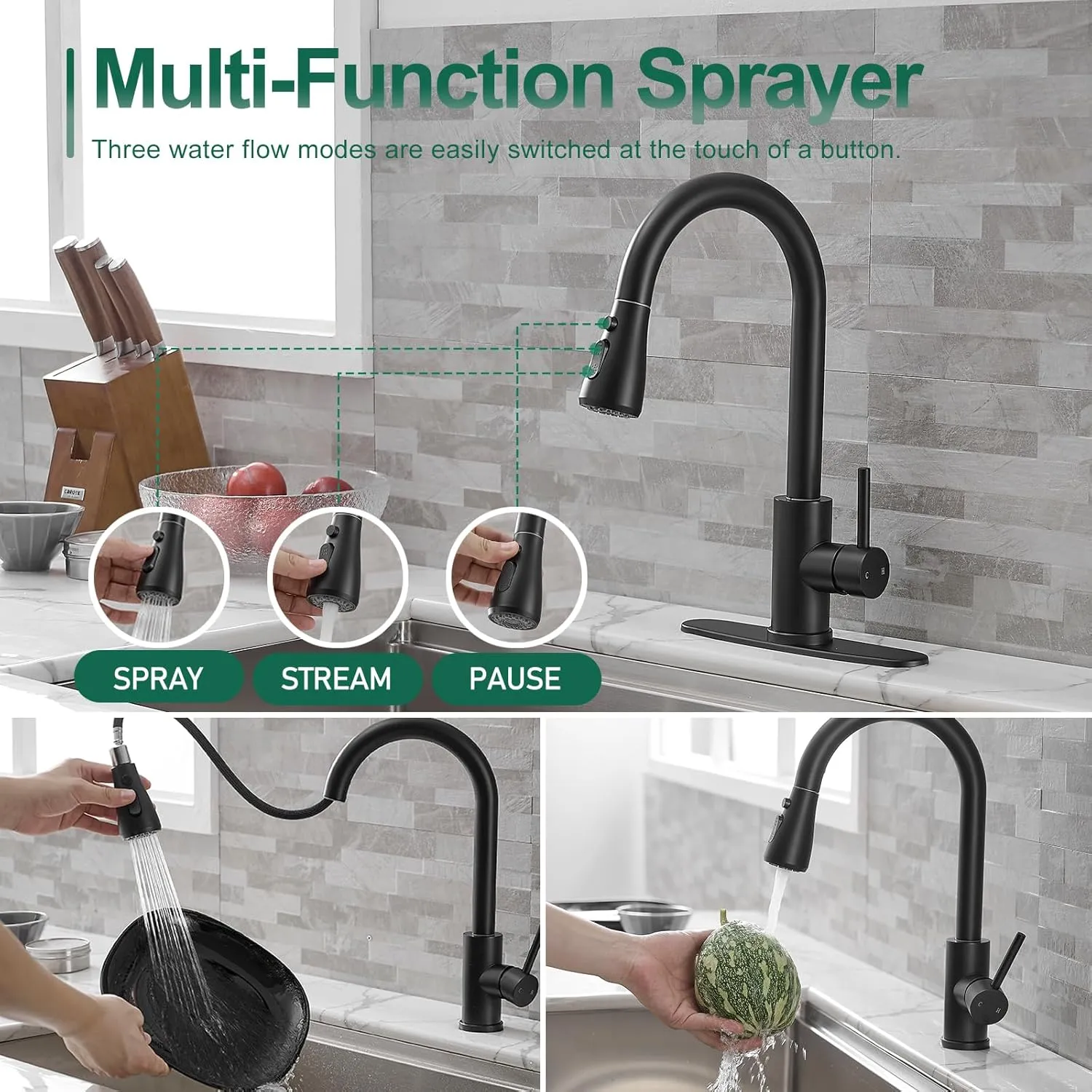 VOTON Black Kitchen Faucets, Pull Down Kitchen Faucet with Sprayer, Modern Single Handle High Arc Pull Out Kitchen Sink Faucet 1 or 3 Hole, Faucet for Farmhouse Camper Rv Kitchen Bar Laundry