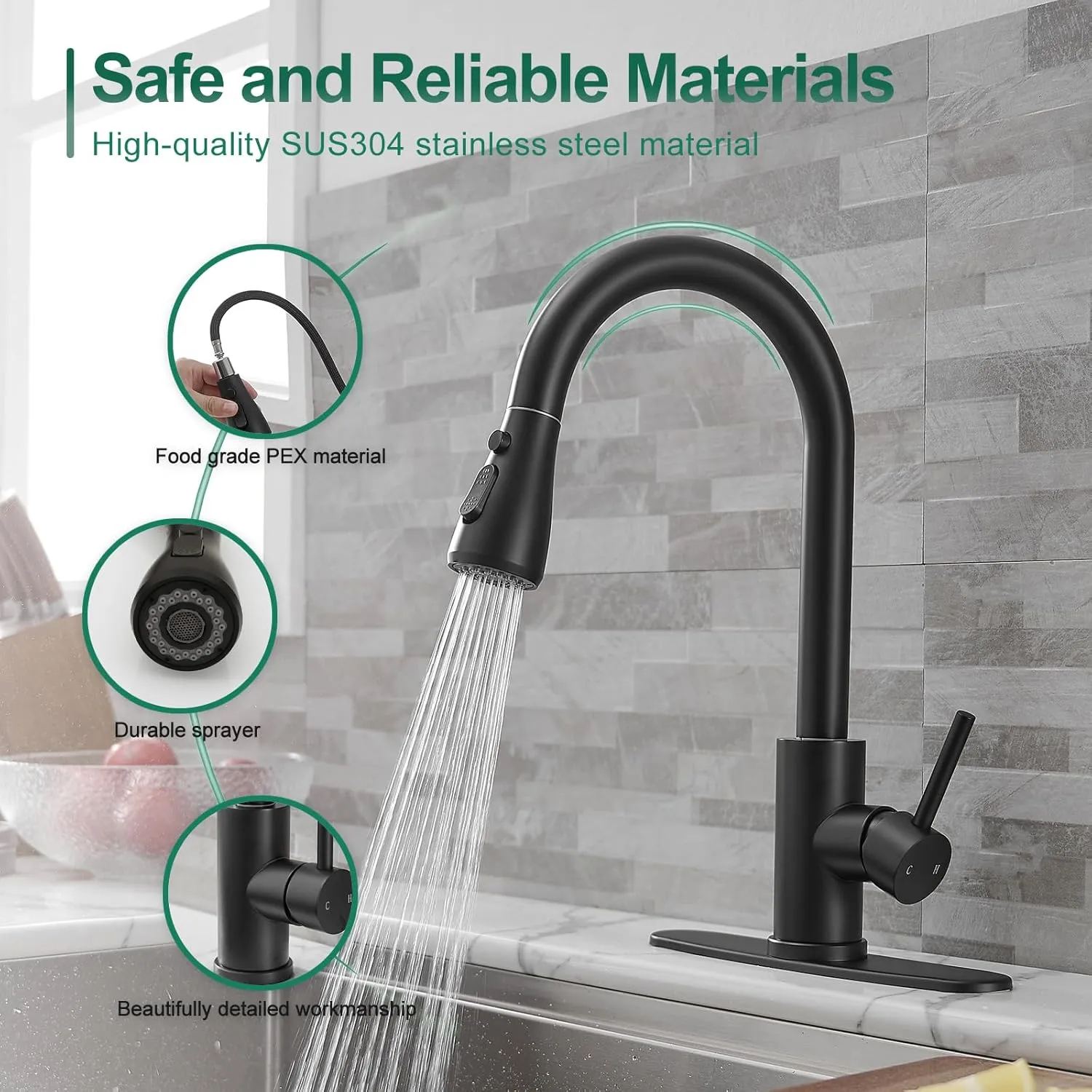 VOTON Black Kitchen Faucets, Pull Down Kitchen Faucet with Sprayer, Modern Single Handle High Arc Pull Out Kitchen Sink Faucet 1 or 3 Hole, Faucet for Farmhouse Camper Rv Kitchen Bar Laundry