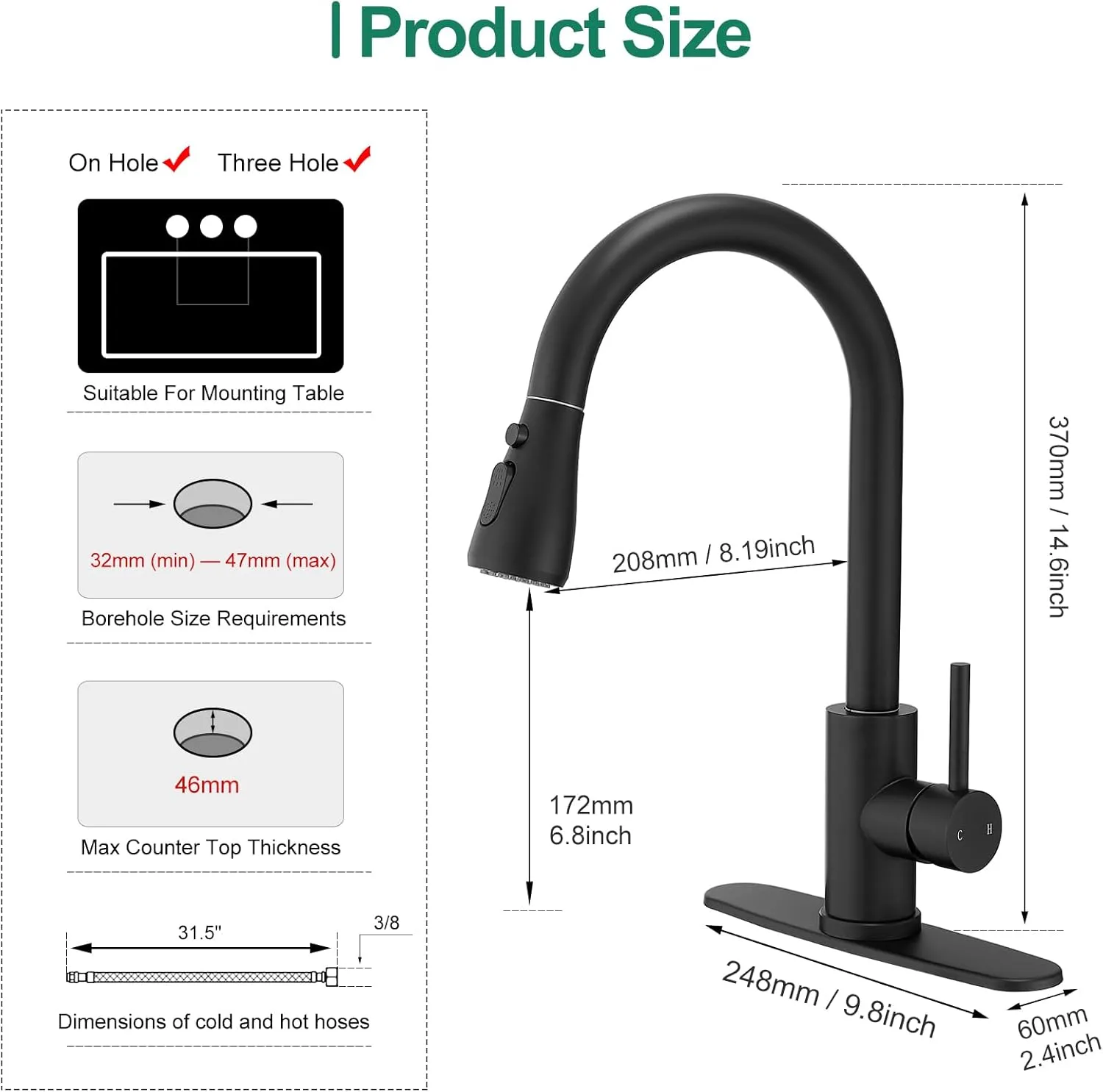 VOTON Black Kitchen Faucets, Pull Down Kitchen Faucet with Sprayer, Modern Single Handle High Arc Pull Out Kitchen Sink Faucet 1 or 3 Hole, Faucet for Farmhouse Camper Rv Kitchen Bar Laundry