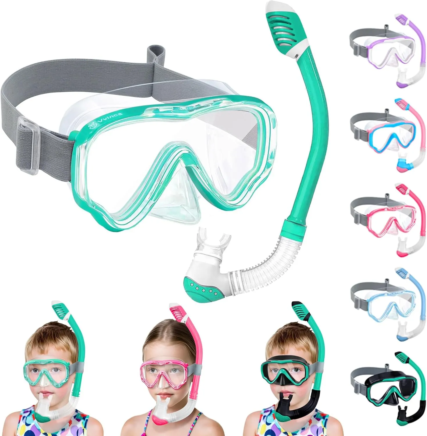 Vvinca Snorkeling Gear for Kids Dry Top Kids Snorkel Set for Boys Girls Junior Youth Children Age 4-14 Swim Goggles with Nose Cover Anti-Fog Panoramic View Adjustable Elastic Diving Mask and Snorkel