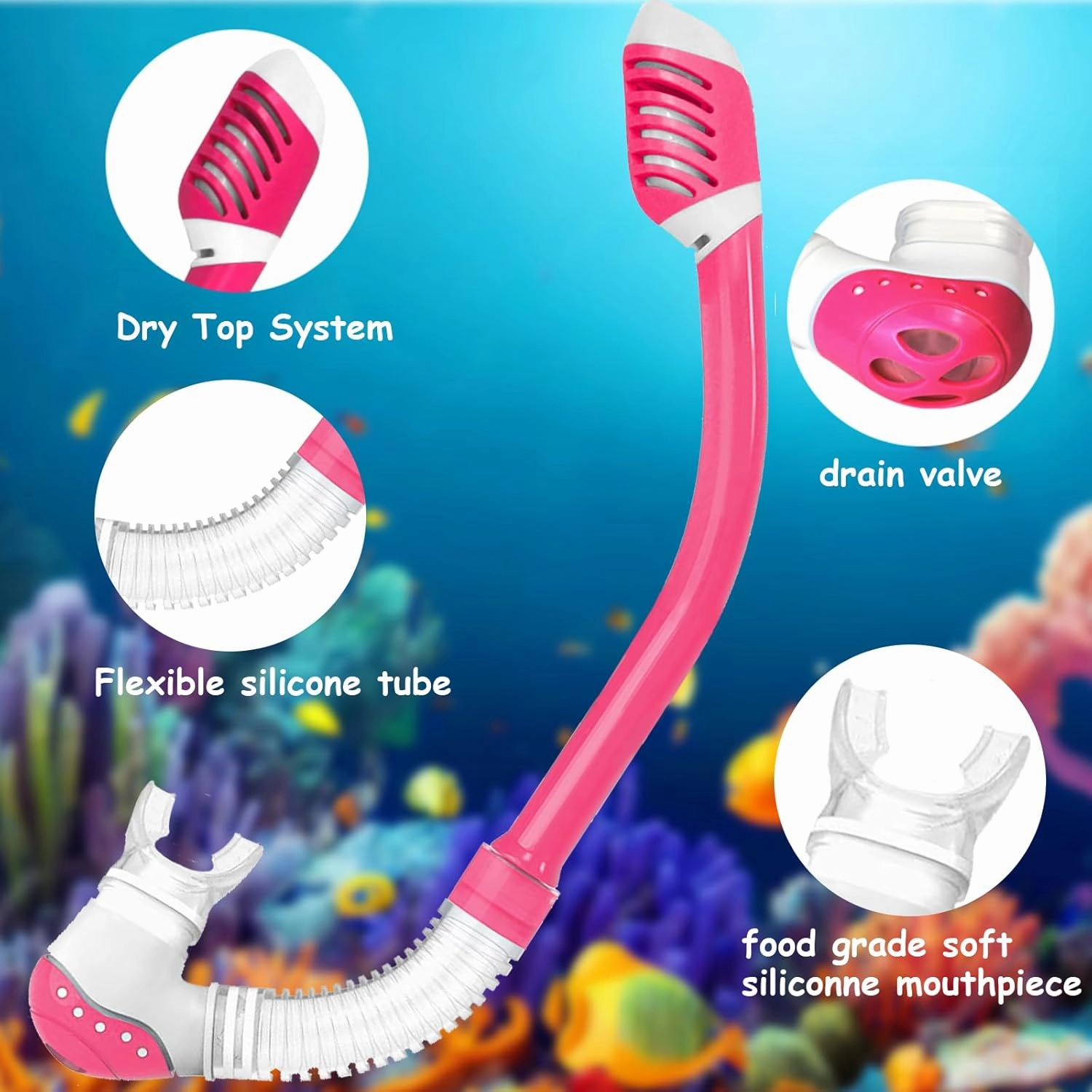Vvinca Snorkeling Gear for Kids Dry Top Kids Snorkel Set for Boys Girls Junior Youth Children Age 4-14 Swim Goggles with Nose Cover Anti-Fog Panoramic View Adjustable Elastic Diving Mask and Snorkel