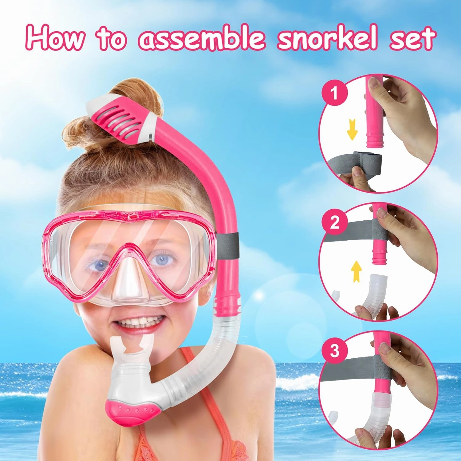 Vvinca Snorkeling Gear for Kids Dry Top Kids Snorkel Set for Boys Girls Junior Youth Children Age 4-14 Swim Goggles with Nose Cover Anti-Fog Panoramic View Adjustable Elastic Diving Mask and Snorkel