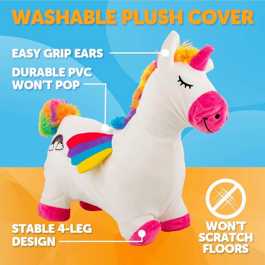 WADDLE Bouncy Hopper Inflatable Animal Hopping Plush, Indoor and Outdoor Toy for Toddlers and Kids, Pump Included, Boys and Girls Ages 2 Years and Up (Unicorn)