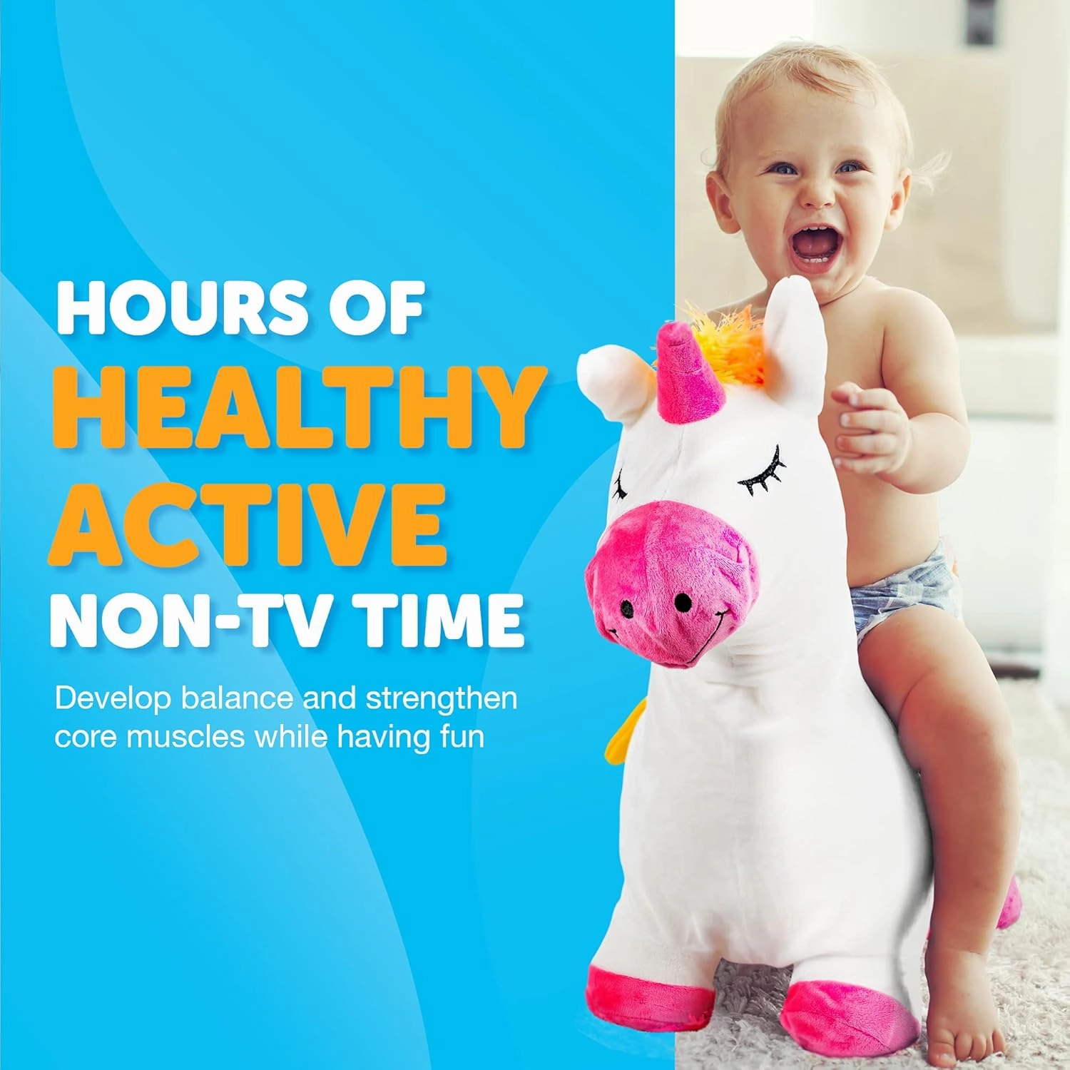 WADDLE Bouncy Hopper Inflatable Animal Hopping Plush, Indoor and Outdoor Toy for Toddlers and Kids, Pump Included, Boys and Girls Ages 2 Years and Up (Unicorn)