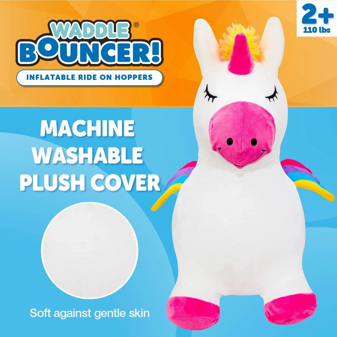 WADDLE Bouncy Hopper Inflatable Animal Hopping Plush, Indoor and Outdoor Toy for Toddlers and Kids, Pump Included, Boys and Girls Ages 2 Years and Up (Unicorn)