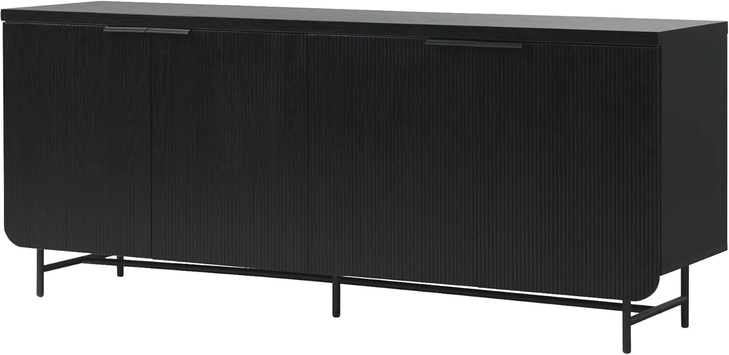 Walker Edison Modern Reema Scandinavian Fluted 4-Door Kitchen Storage Sideboard Buffet Cabinet Console, 69 Inch, Black
