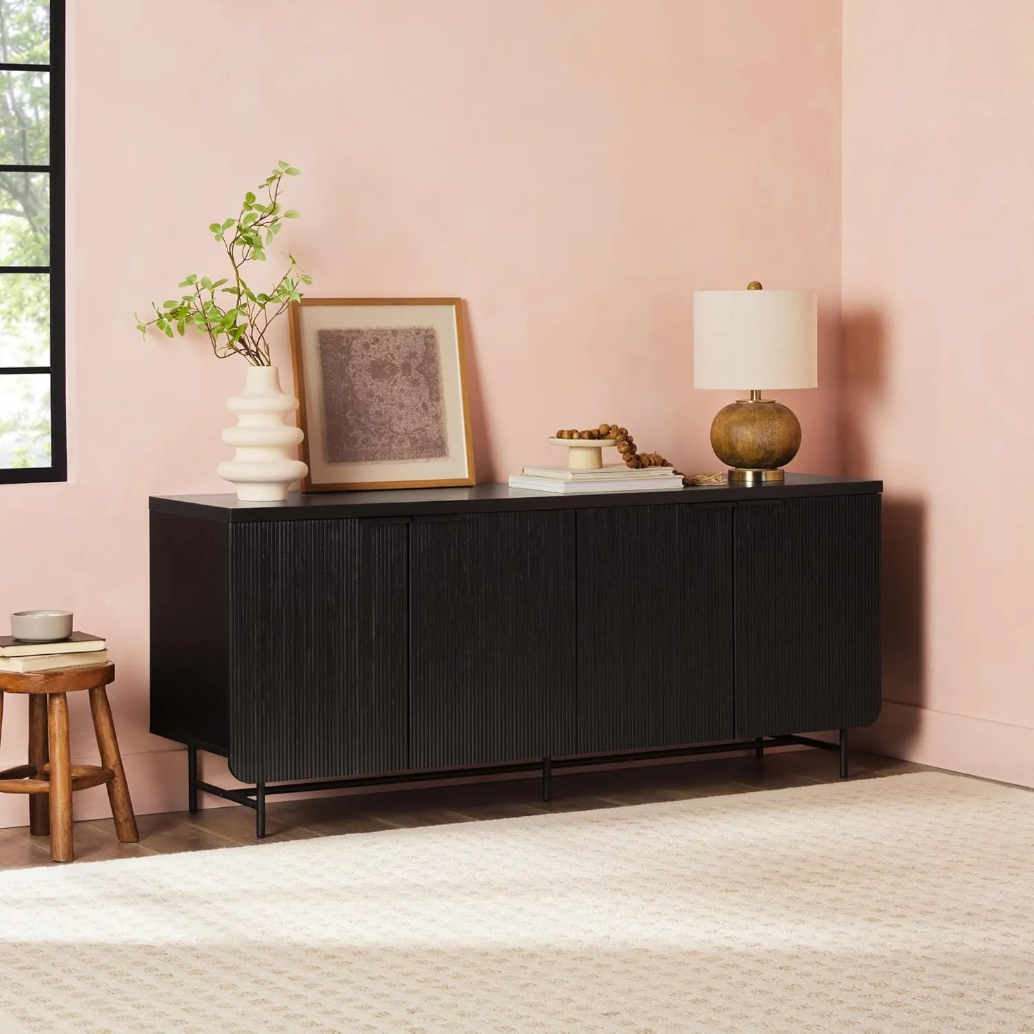 Walker Edison Modern Reema Scandinavian Fluted 4-Door Kitchen Storage Sideboard Buffet Cabinet Console, 69 Inch, Black