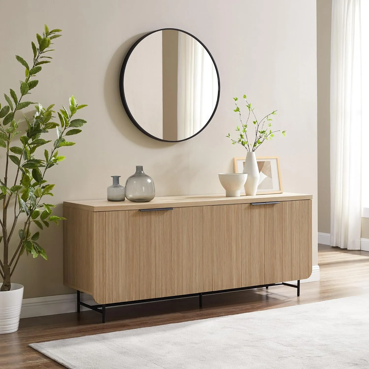 Walker Edison Modern Reema Scandinavian Fluted 4-Door Kitchen Storage Sideboard Buffet Cabinet Console, 69 Inch, Coastal Oak