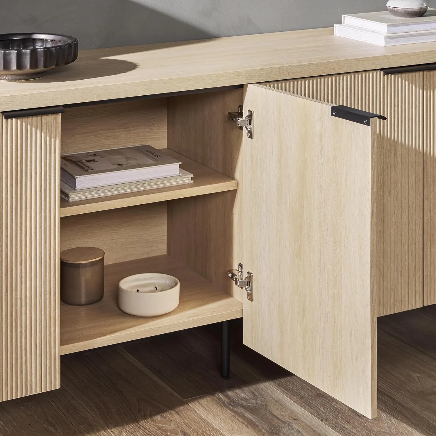 Walker Edison Modern Reema Scandinavian Fluted 4-Door Kitchen Storage Sideboard Buffet Cabinet Console, 69 Inch, Coastal Oak