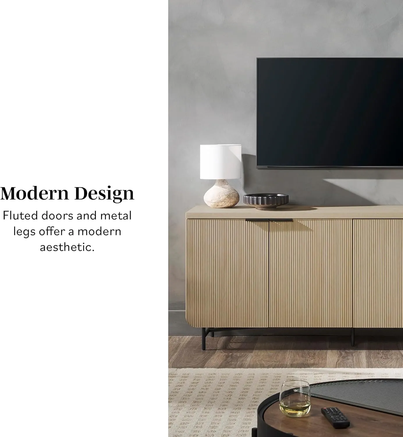 Walker Edison Modern Reema Scandinavian Fluted 4-Door Kitchen Storage Sideboard Buffet Cabinet Console, 69 Inch, Coastal Oak