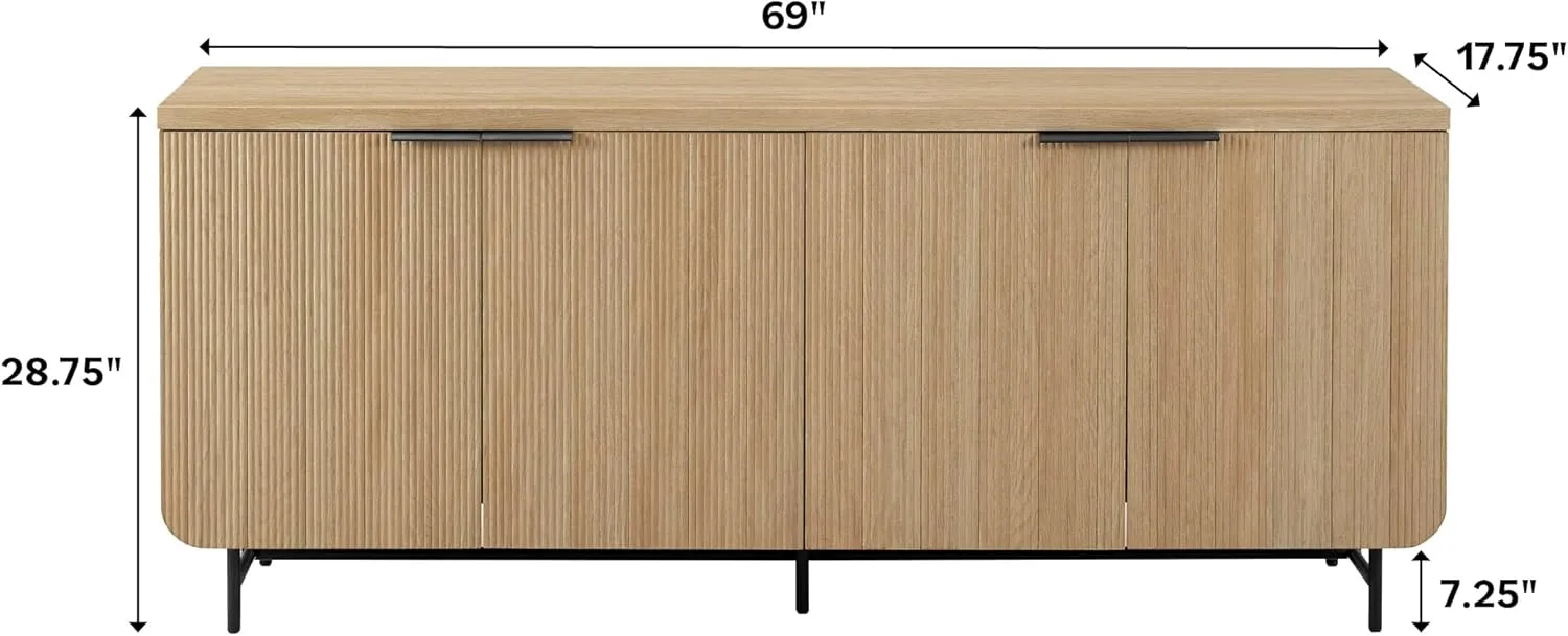 Walker Edison Modern Reema Scandinavian Fluted 4-Door Kitchen Storage Sideboard Buffet Cabinet Console, 69 Inch, Coastal Oak