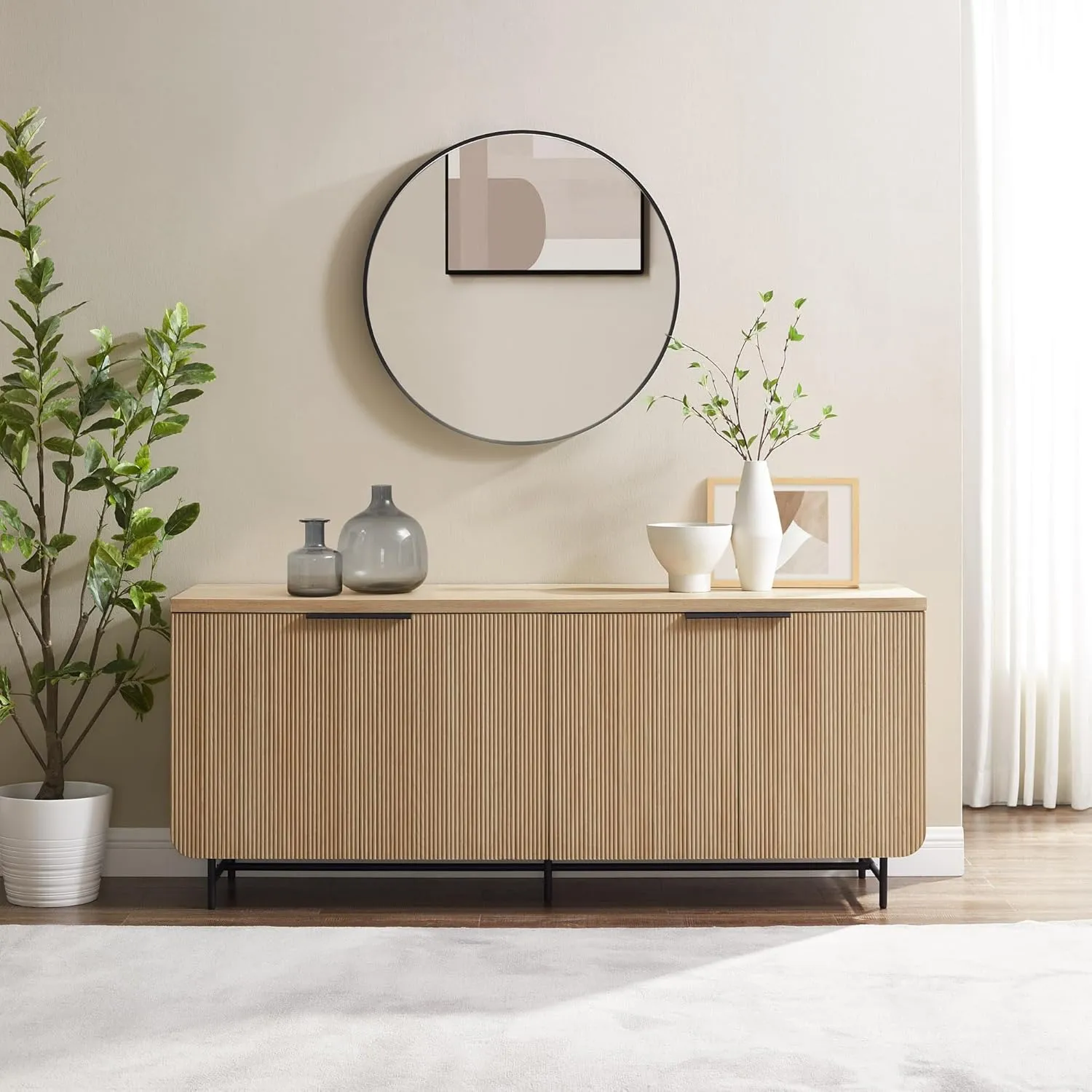 Walker Edison Modern Reema Scandinavian Fluted 4-Door Kitchen Storage Sideboard Buffet Cabinet Console, 69 Inch, Coastal Oak