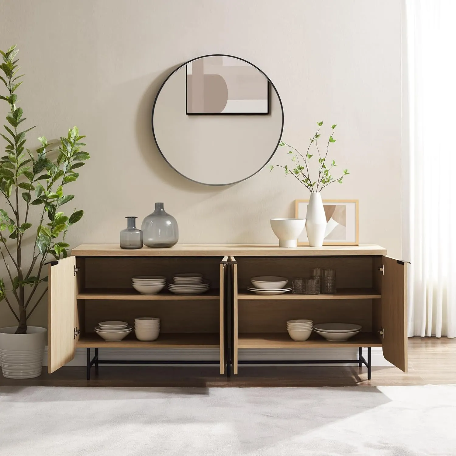 Walker Edison Modern Reema Scandinavian Fluted 4-Door Kitchen Storage Sideboard Buffet Cabinet Console, 69 Inch, Coastal Oak