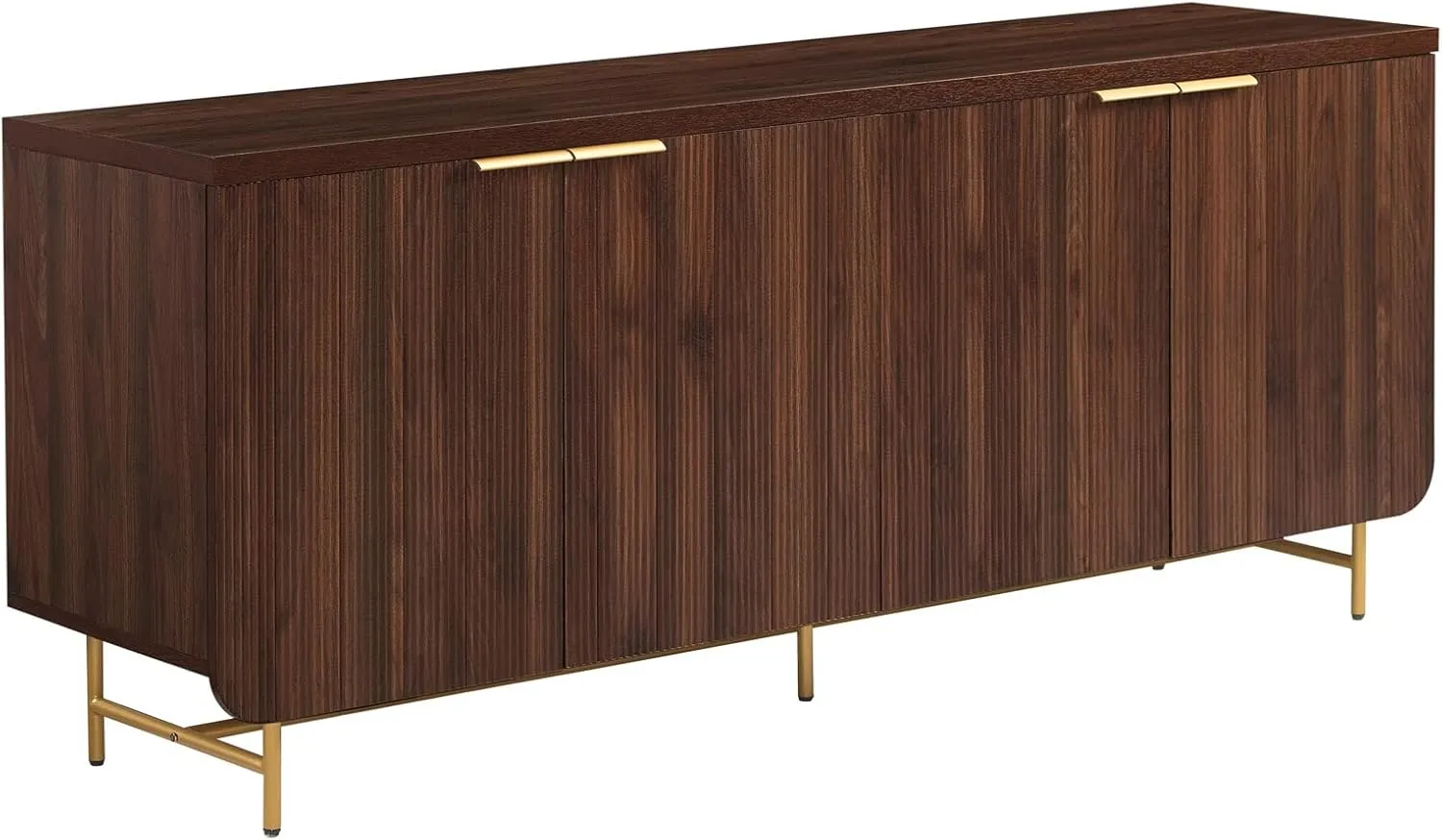 Walker Edison Modern Reema Scandinavian Fluted 4-Door Kitchen Storage Sideboard Buffet Cabinet Console, 69 Inch, Gold/Dark Walnut