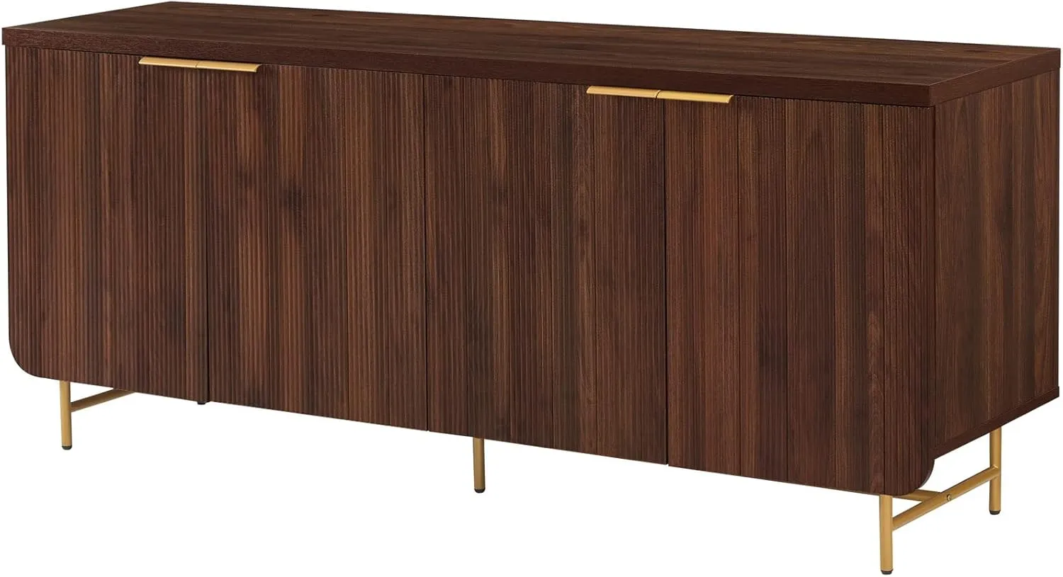 Walker Edison Modern Reema Scandinavian Fluted 4-Door Kitchen Storage Sideboard Buffet Cabinet Console, 69 Inch, Gold/Dark Walnut