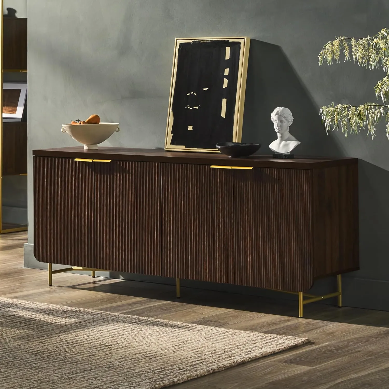 Walker Edison Modern Reema Scandinavian Fluted 4-Door Kitchen Storage Sideboard Buffet Cabinet Console, 69 Inch, Gold/Dark Walnut