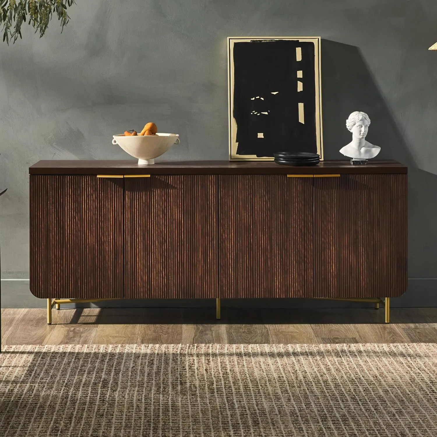 Walker Edison Modern Reema Scandinavian Fluted 4-Door Kitchen Storage Sideboard Buffet Cabinet Console, 69 Inch, Gold/Dark Walnut