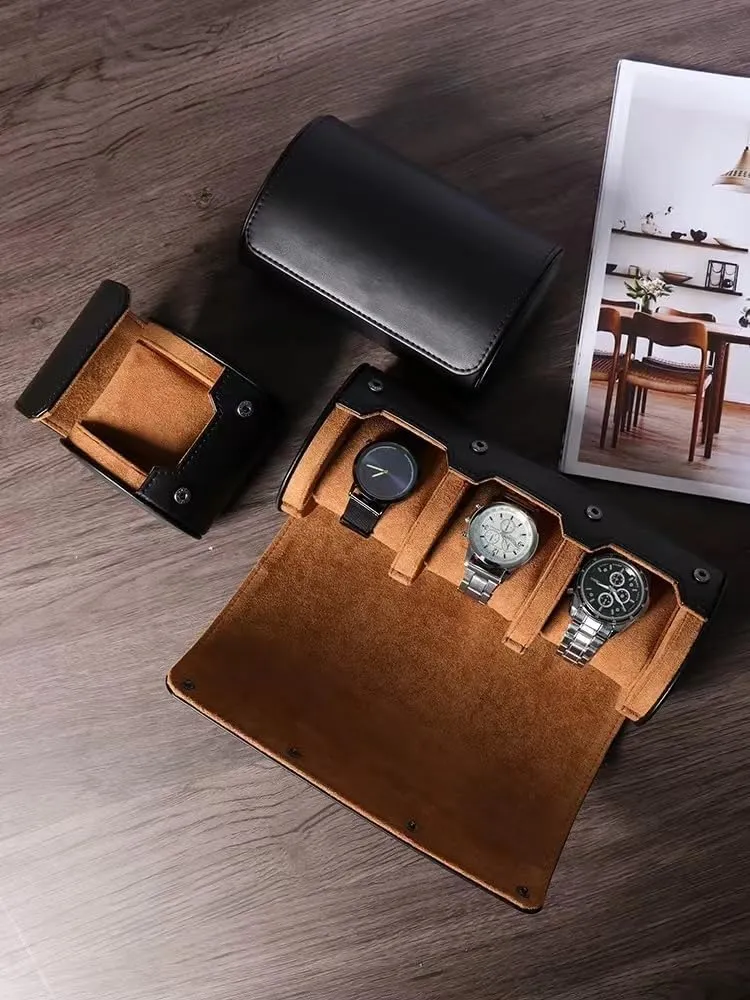 Watch Roll Travel Case for Men and Women with 3 Watch Storage Organizer - Secure Storage with Innovative Removable Pillows & Solid Dividers (Brown)