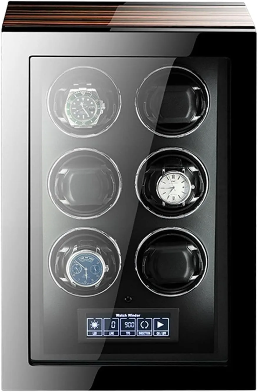 Watch Winder for 6 Automatic Watches Watch Display Case Display Automatic Mechanical with Remote Control Soft Flexible Watch Pillows LED Illumination and LCD Touchscreen Control